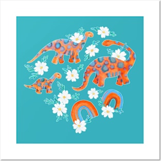 Dotty Dinos with Rainbows and White Flowers Posters and Art